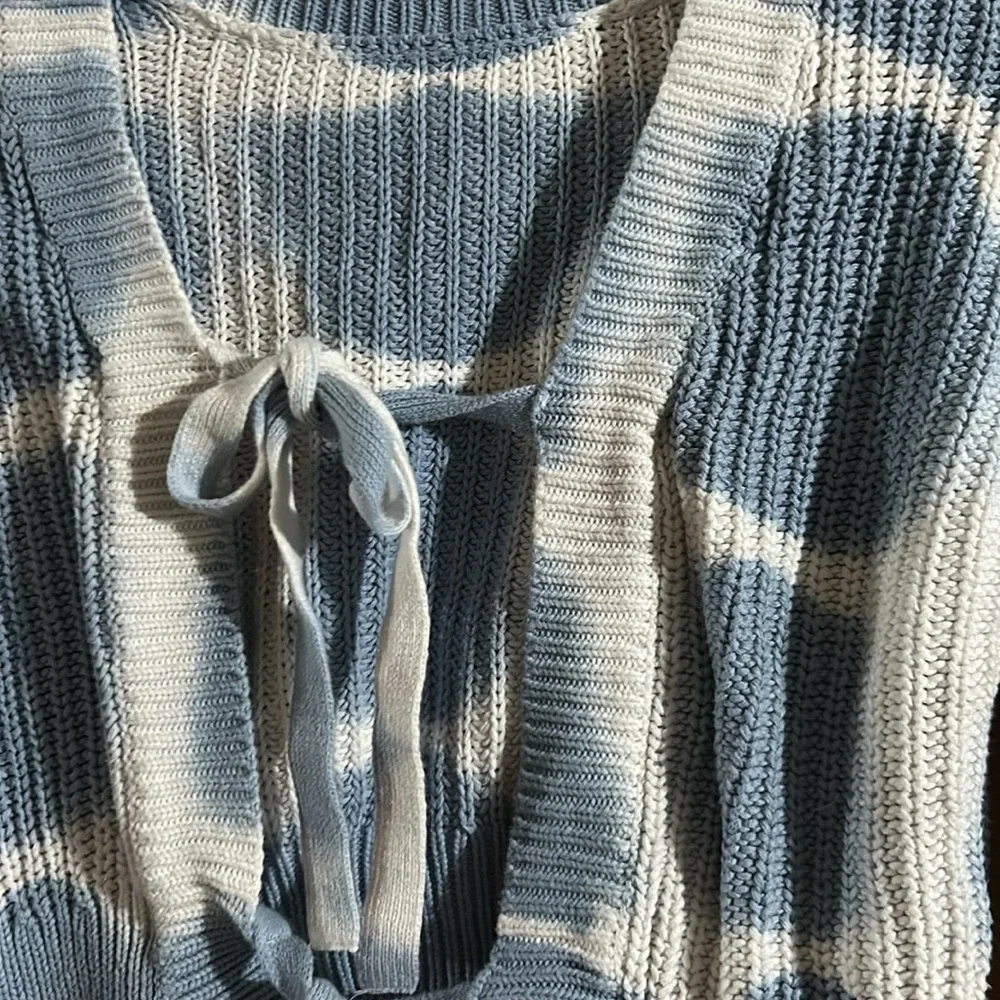 Aeropostale Blue and White Ribbed Knit Cropped Cardigan with Tie Detail